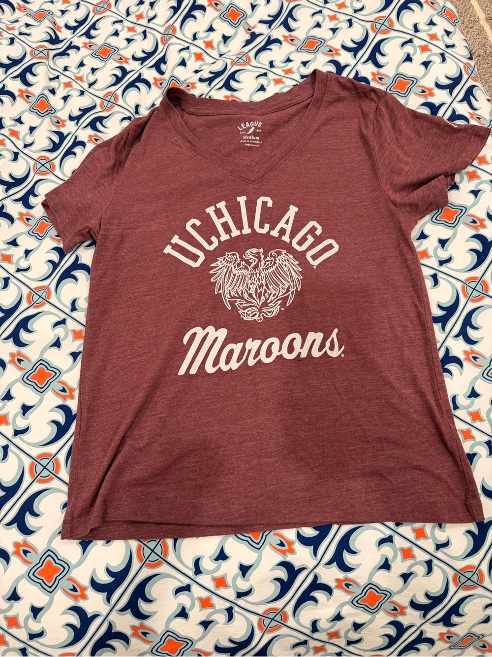 League Heather Maroon V-Neck Tee with White Print